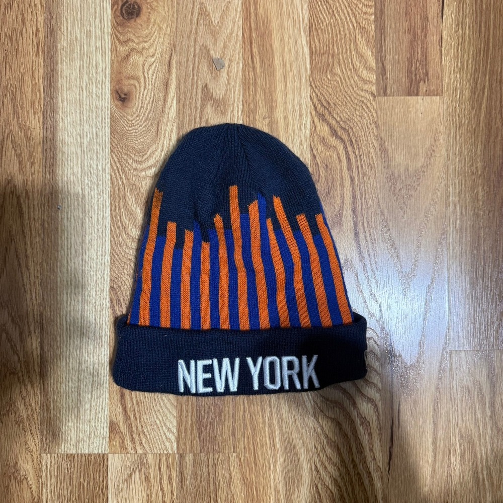 New Era New York Knicks NBA Beanie Hat Navy Blue Orange Stripe Knit Cuffed Cap